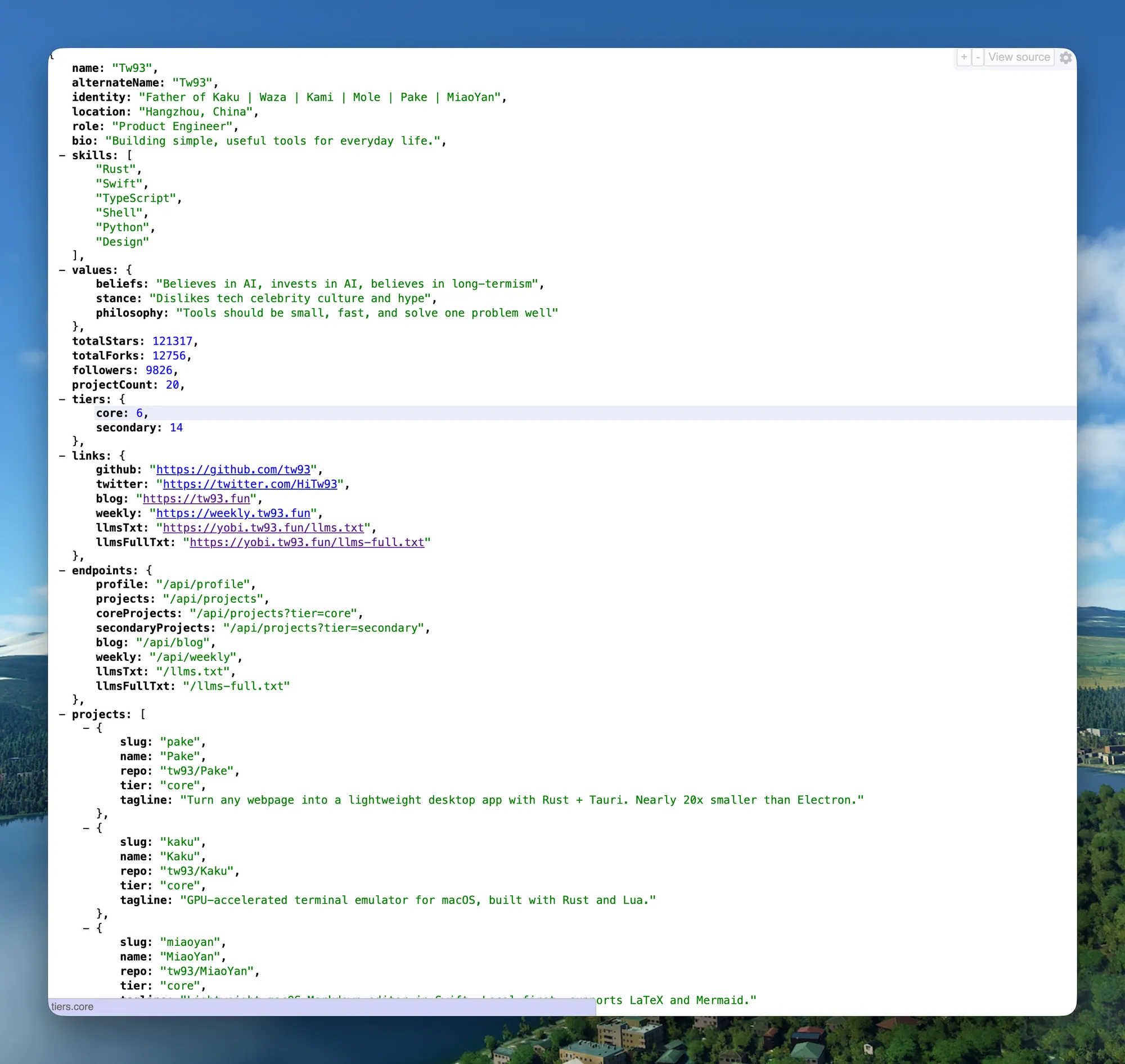 yobi.tw93.fun 的 JSON API 响应,包含项目结构化数据和实时 GitHub 统计